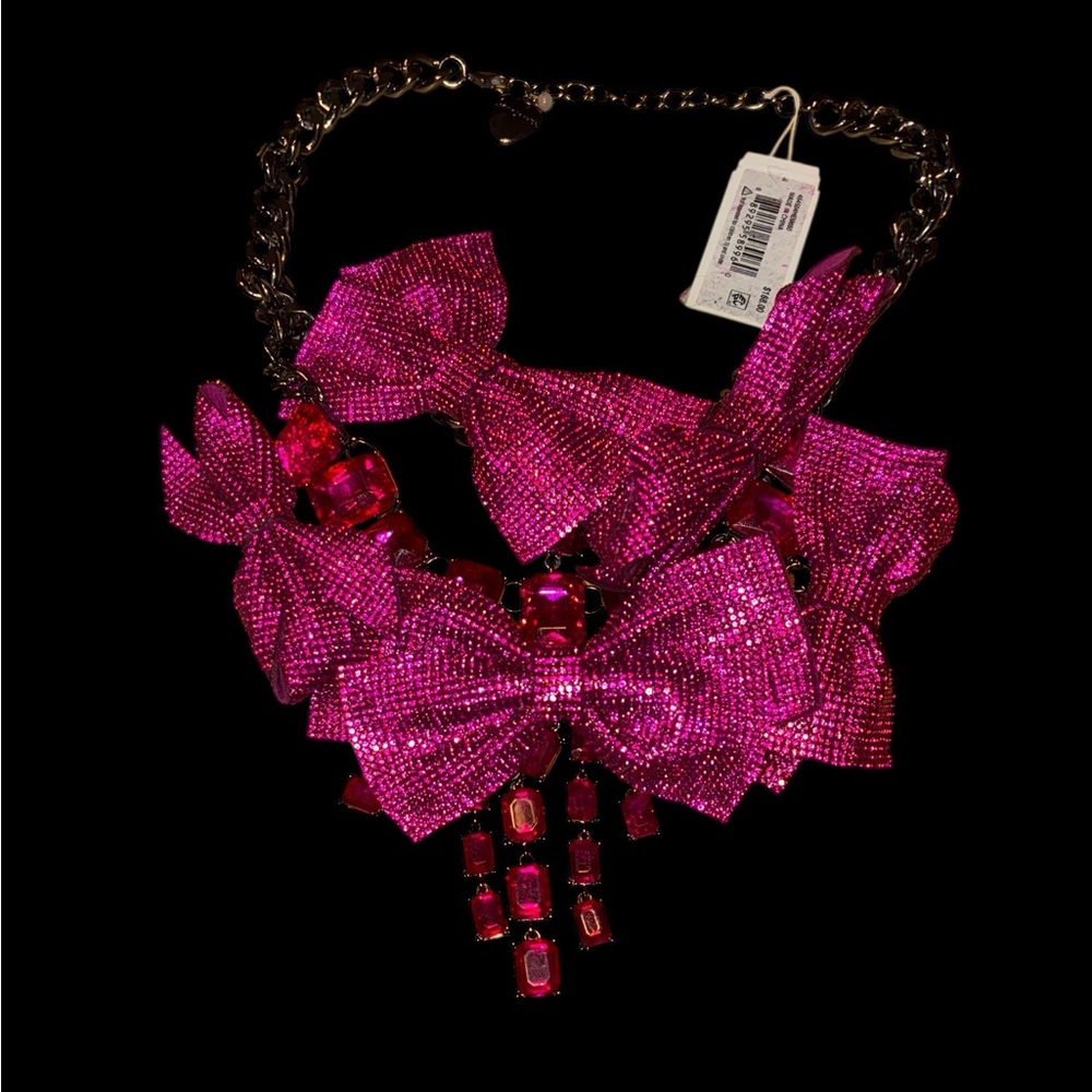 BETSEY JOHNSON SET Pink Pavé & Crystals Statement Bow Necklace & Earrings NWT - Picture 4 of 15